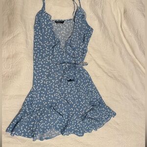 Shein Size 6 Blue Dress with White Hearts Wrap Dress